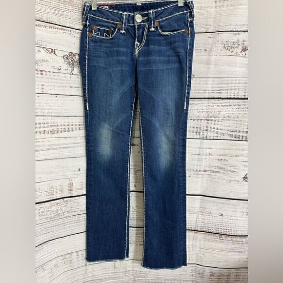 True Religion Jeans Womens Sz 25 Stitch Embroidered Johnny Super T Blue straight - Picture 1 of 13